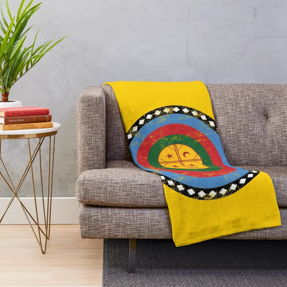Mapuche-inspired graphic plush blanket showcasing Chilean indigenous culture