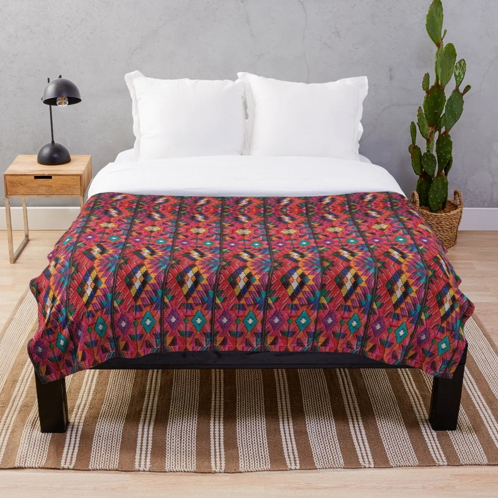 Vibrant Mayan kite inspired plush blanket with colorful katun mayan designs