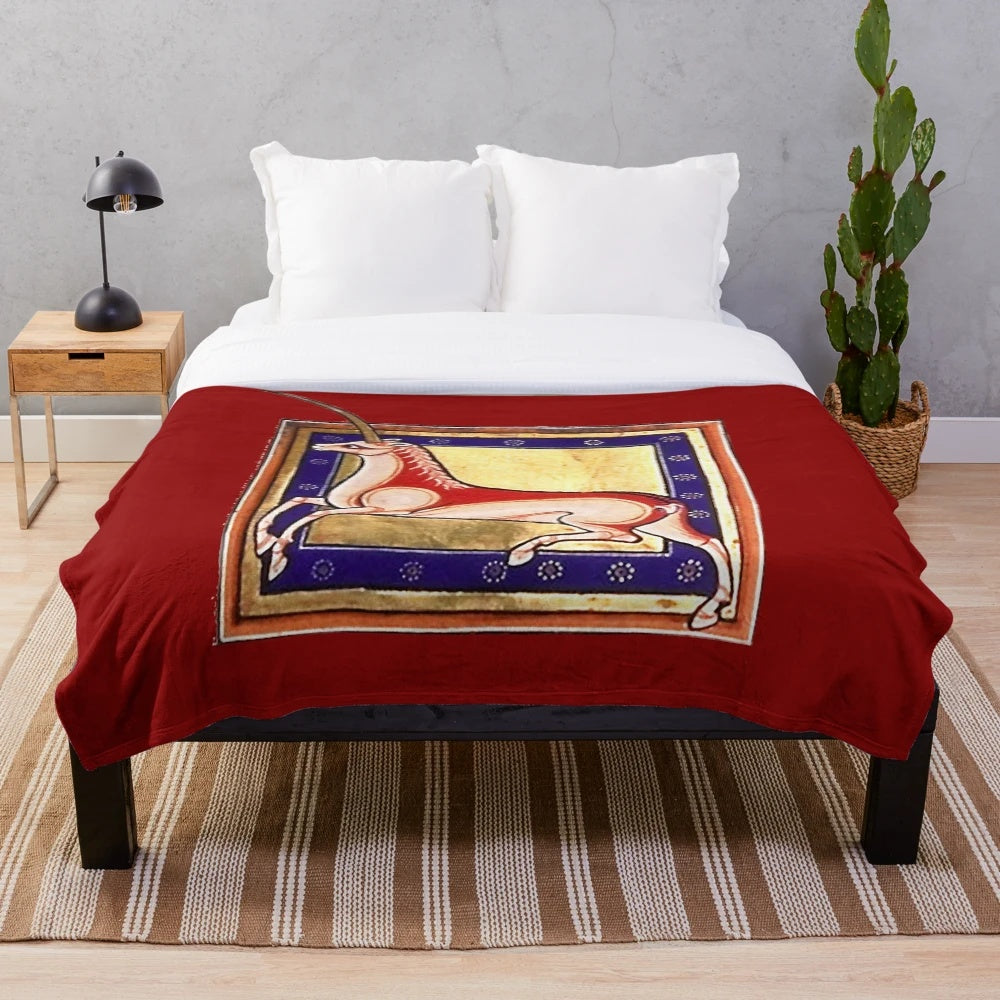 Stylized unicorn plush blanket inspired by medieval bestiaries