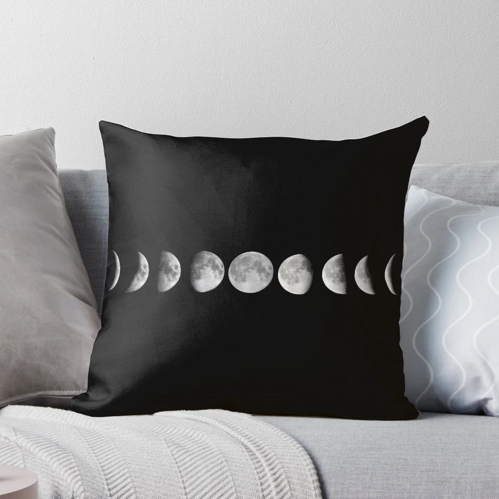 Colorful moon phases decorative pillow featuring a vibrant display of lunar cycles