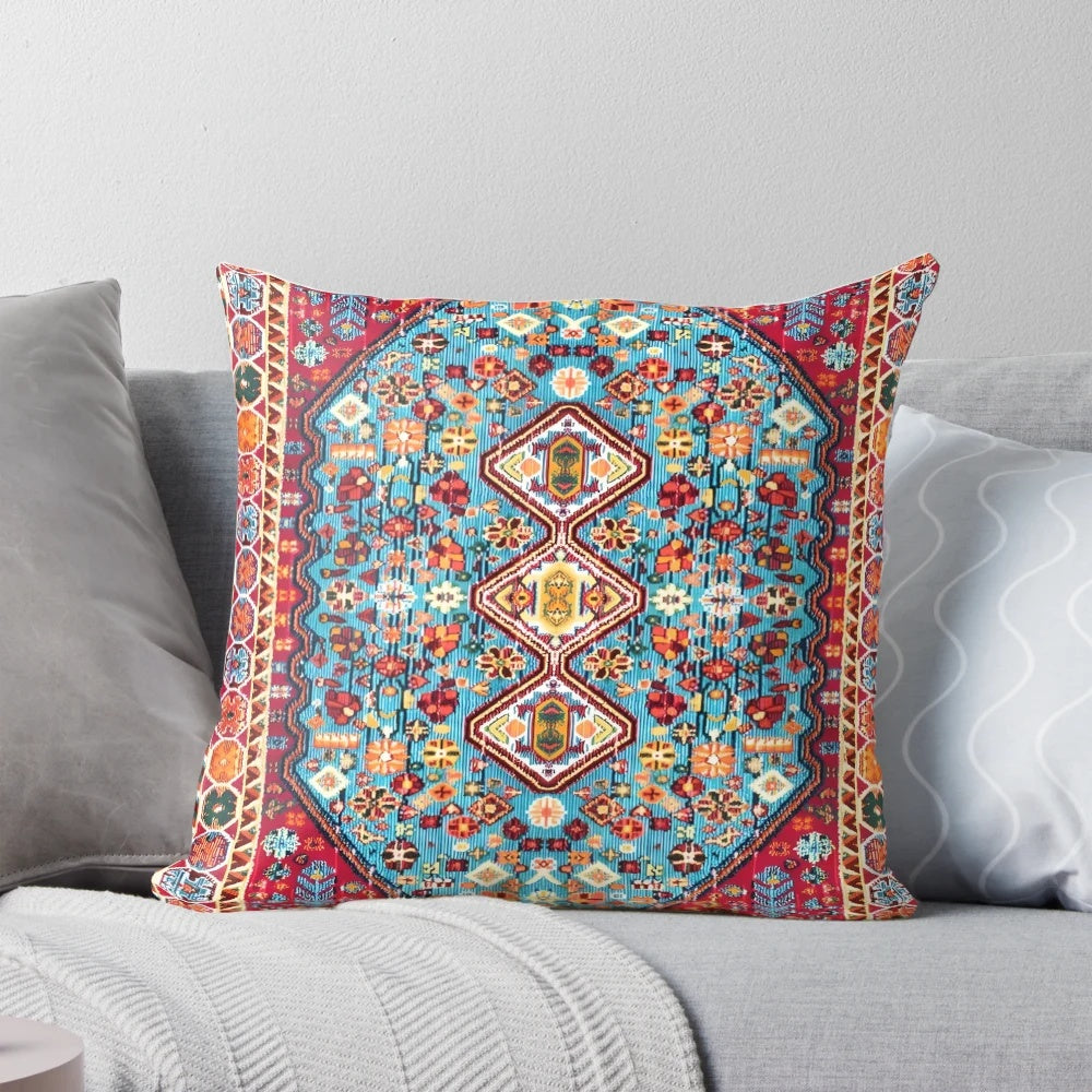 Colorful bohemian-style pillow with intricate Moroccan-inspired patterns and textures