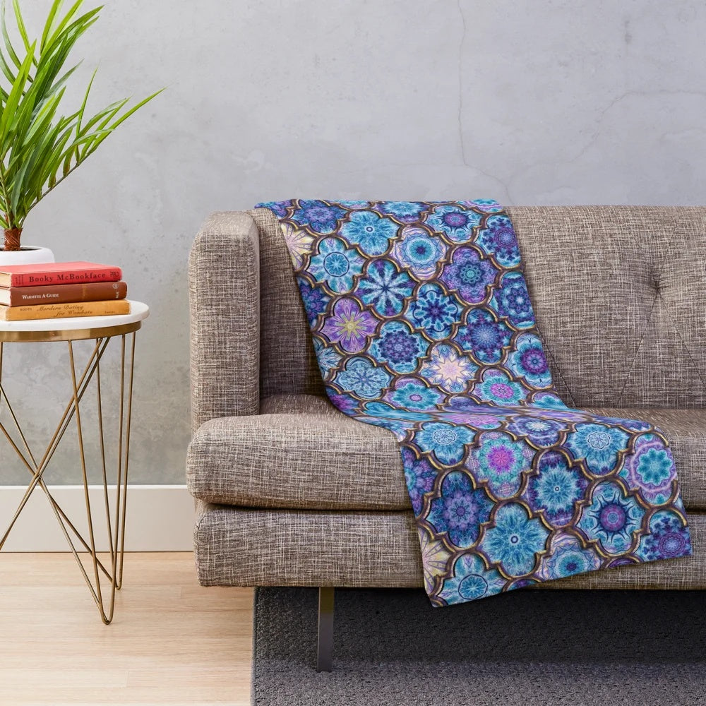 Moroccan tile pattern plush blanket in blue and purple colors