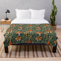 Whimsical plush blanket featuring a repeating pattern of colorful digital mushroom illustrations
