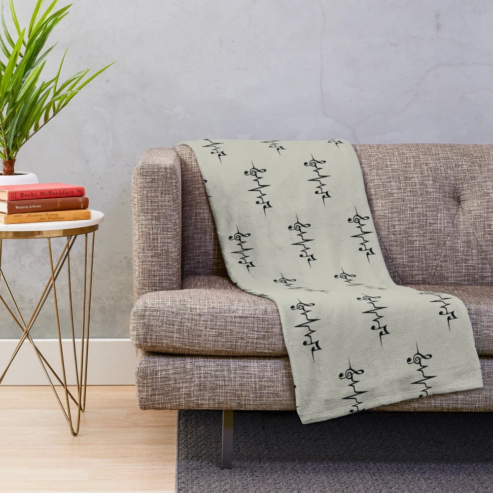 Music Pulse Plush Blanket with Heartbeat Notes and Clef Symbols