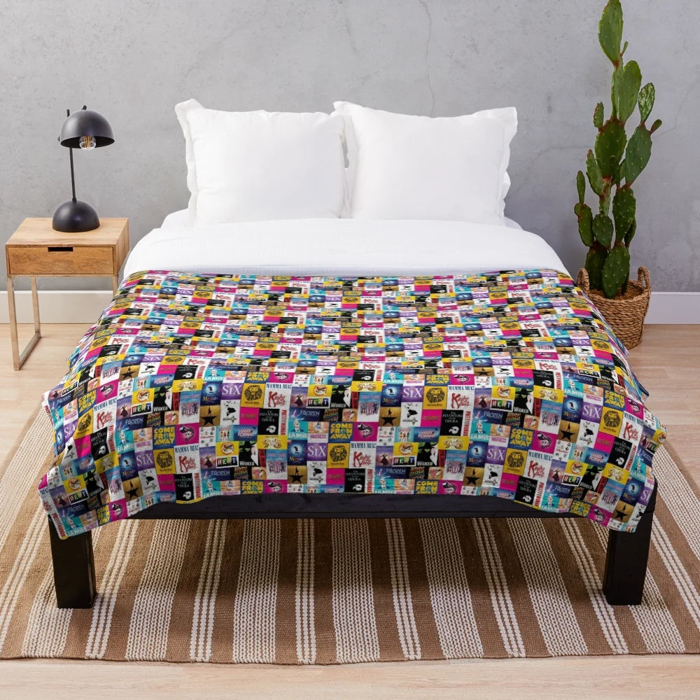 Colorful plush blanket featuring a musical theatre collage design