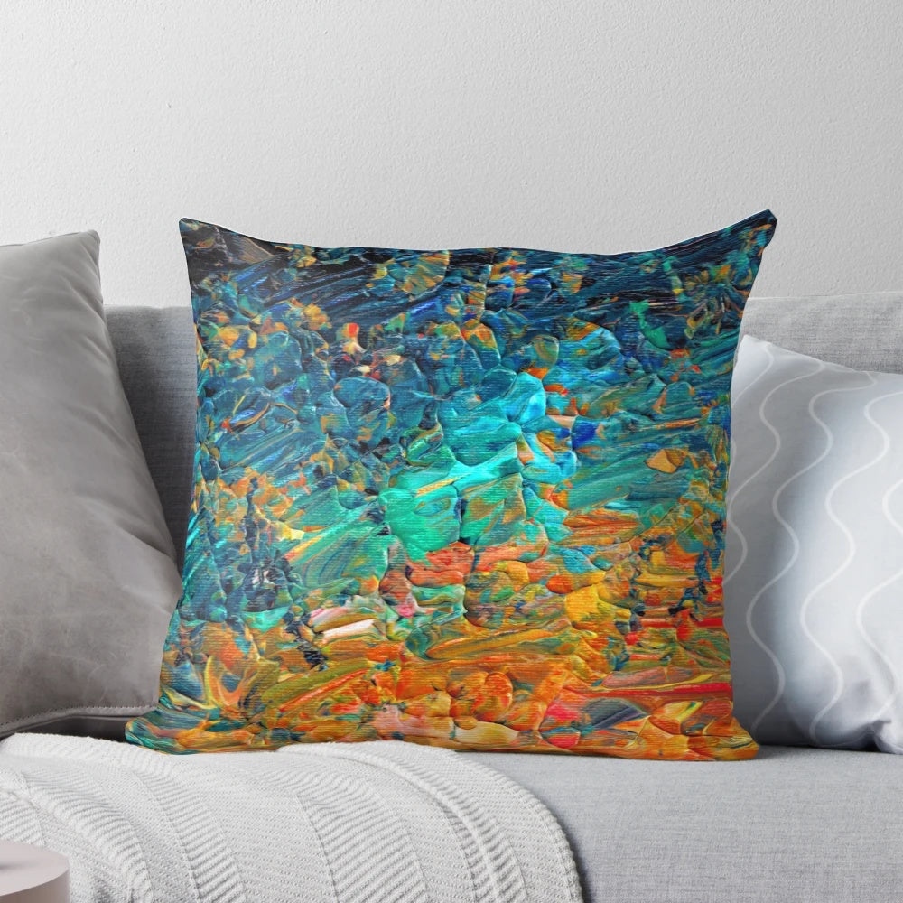 Colorful abstract art pillow featuring vibrant ombre waves and textural painted design