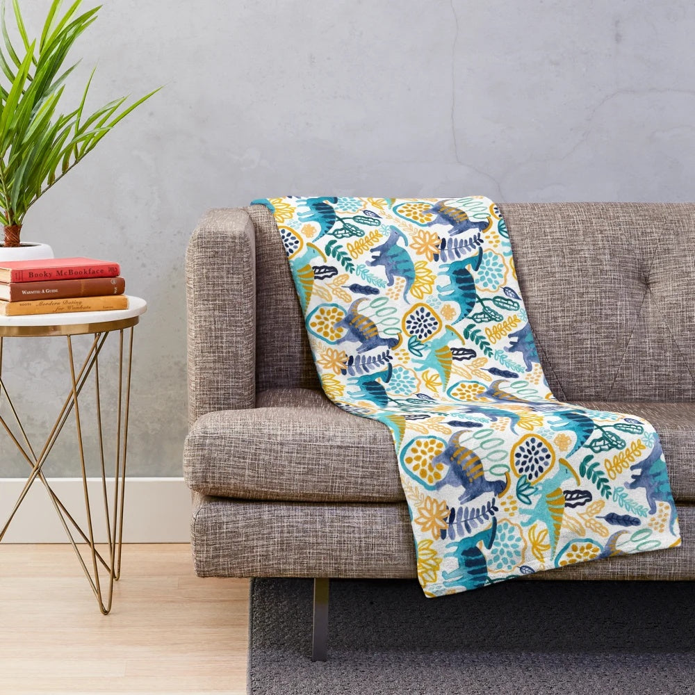 Vibrant parasaurolophus dinosaur plush blanket with a colorful watercolor and gouache design