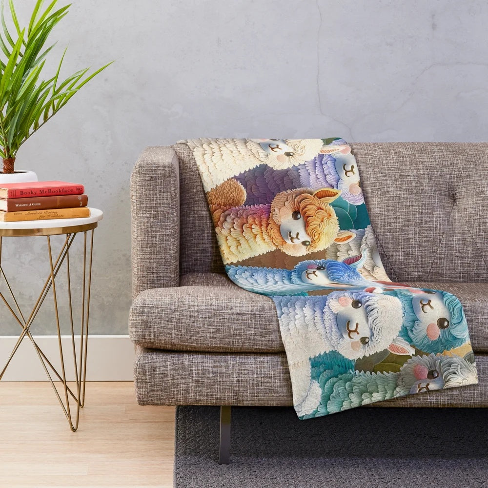 Colorful pastel plush blanket featuring a group of cute baby alpacas in a vintage Peruvian art style