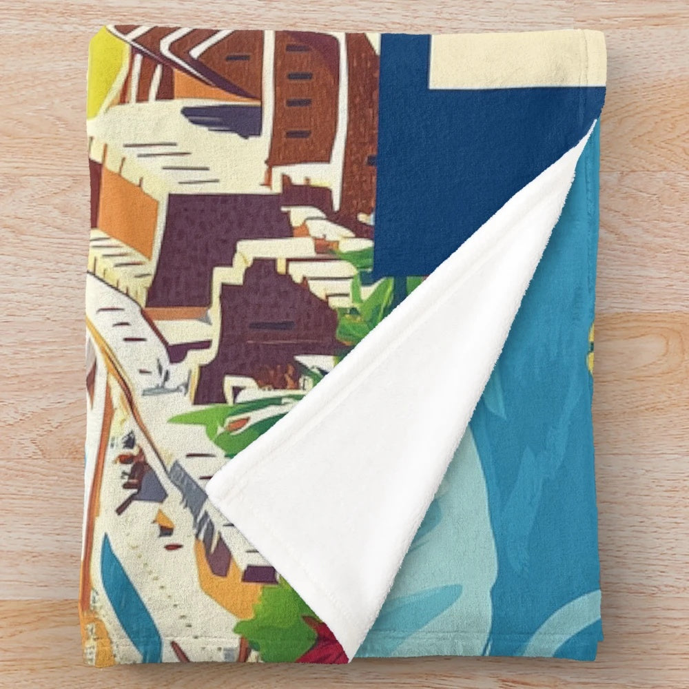 Colorful plush blanket featuring vibrant Peruvian-inspired art and design