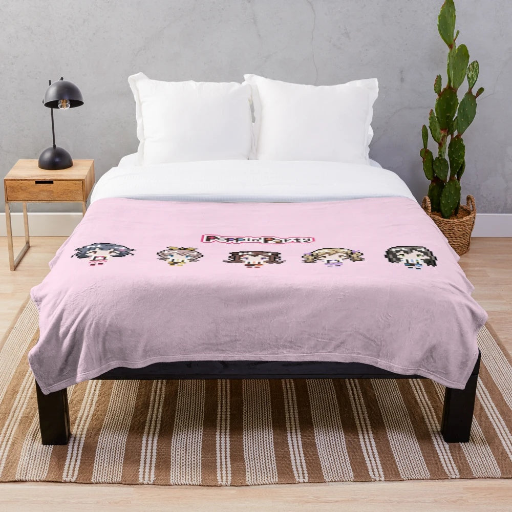 Pixel art plush blanket featuring Poppin Party characters from the anime series Bang Dream!