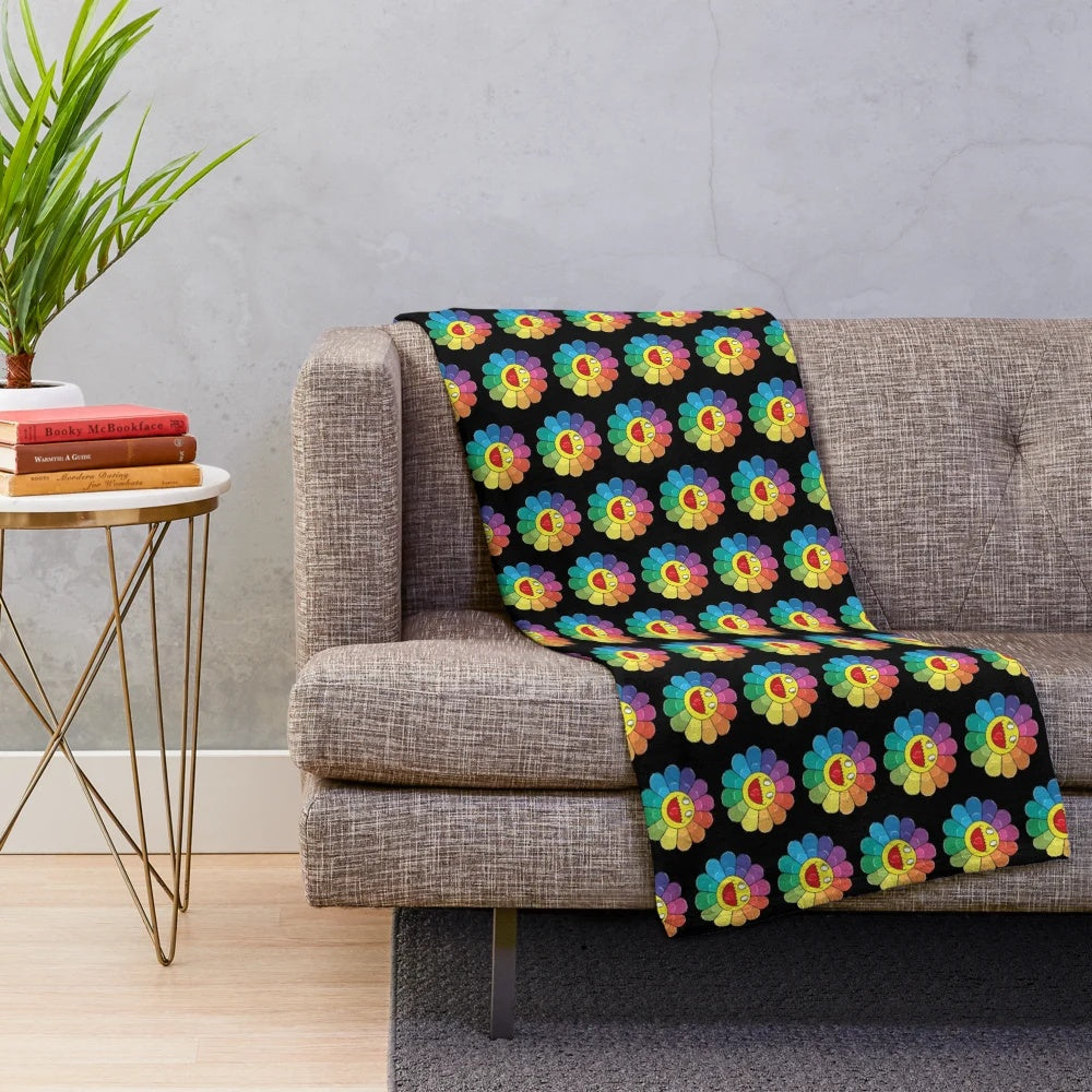 Colorful flower-patterned plush blanket