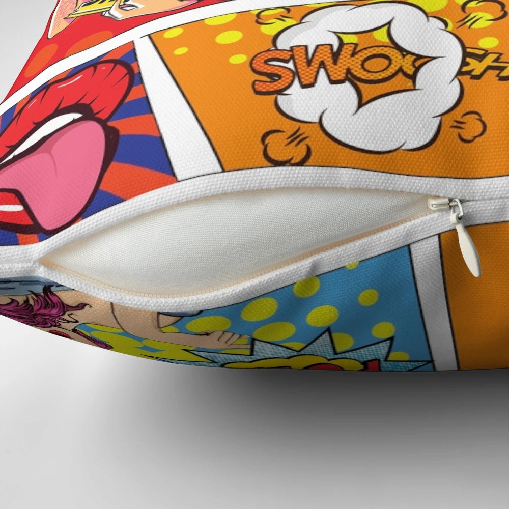 Vibrant pop art illustration printed on a soft, plush throw pillow