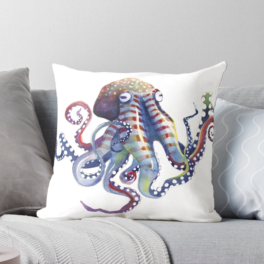 Colorful watercolor octopus with tentacles on a plush pillow