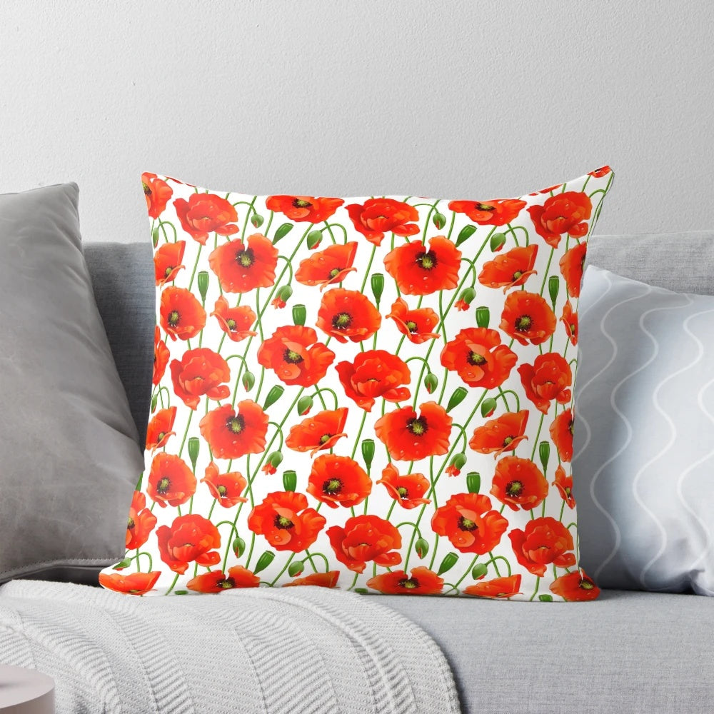 Beautiful red poppy flowers printed on a high-quality decorative throw pillow