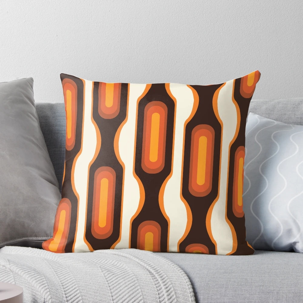 Colorful orange 1970s-inspired capsule-shaped throw pillow with a modern mid-century design