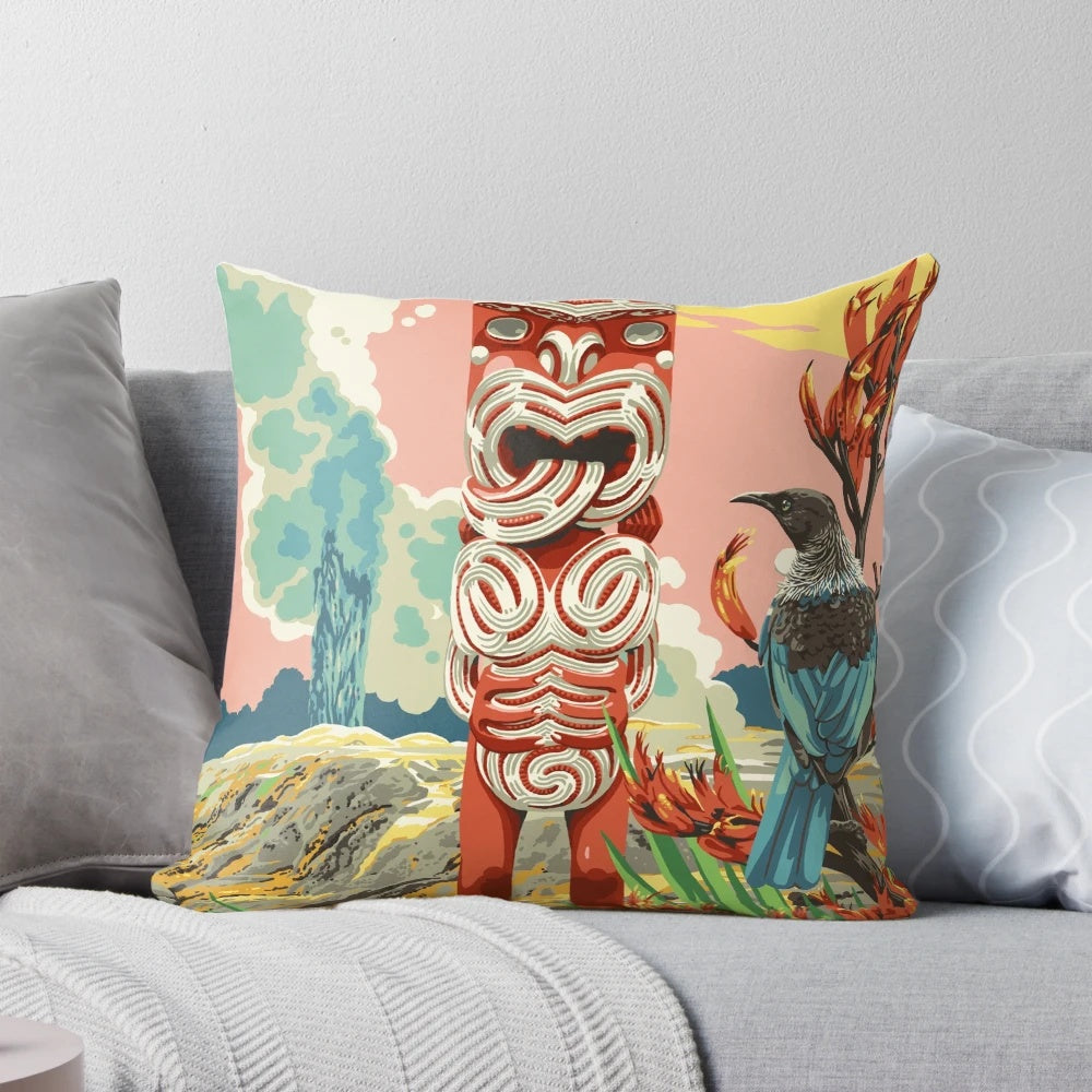 Rotorua Pillow featuring a colorful graphic design with Maori elements and New Zealand geyser imagery
