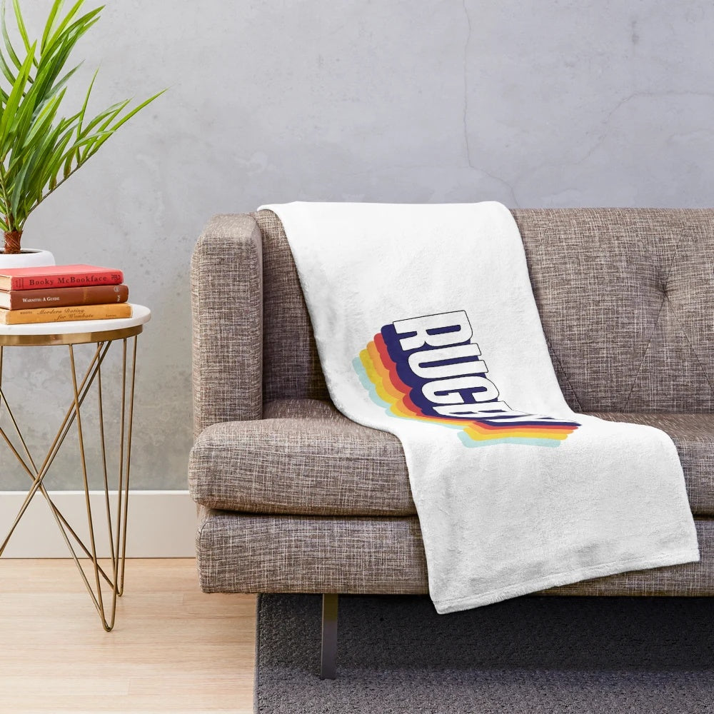 Colorful plush rugby-themed blanket