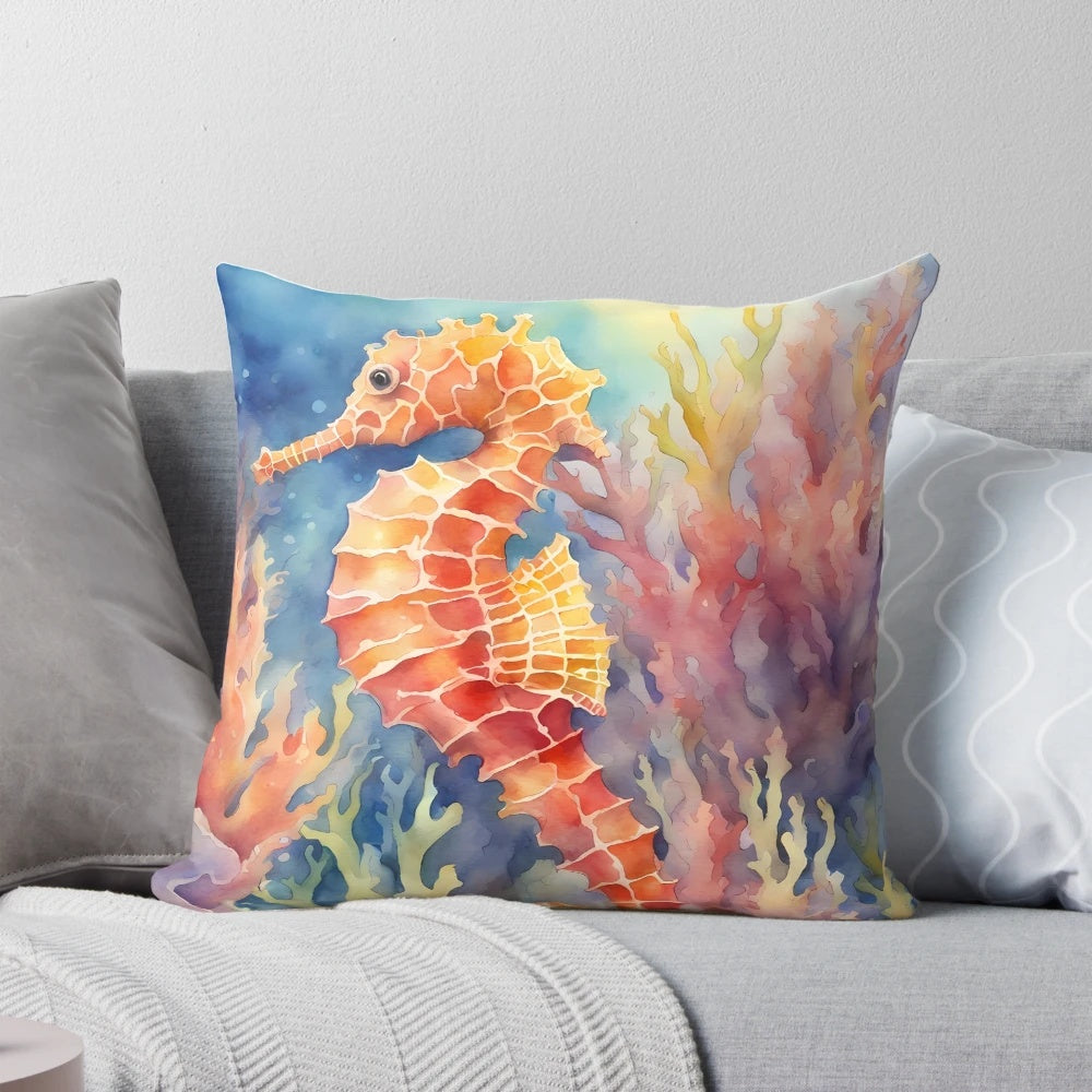A beautiful watercolor illustration of a seahorse swimming among a colorful coral reef on a decorative throw pillow.
