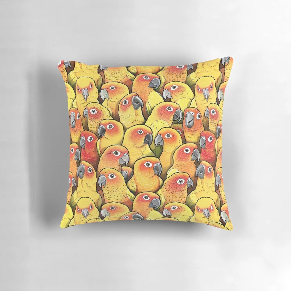 Soft, plush pillow featuring a vibrant sun conure parrot design