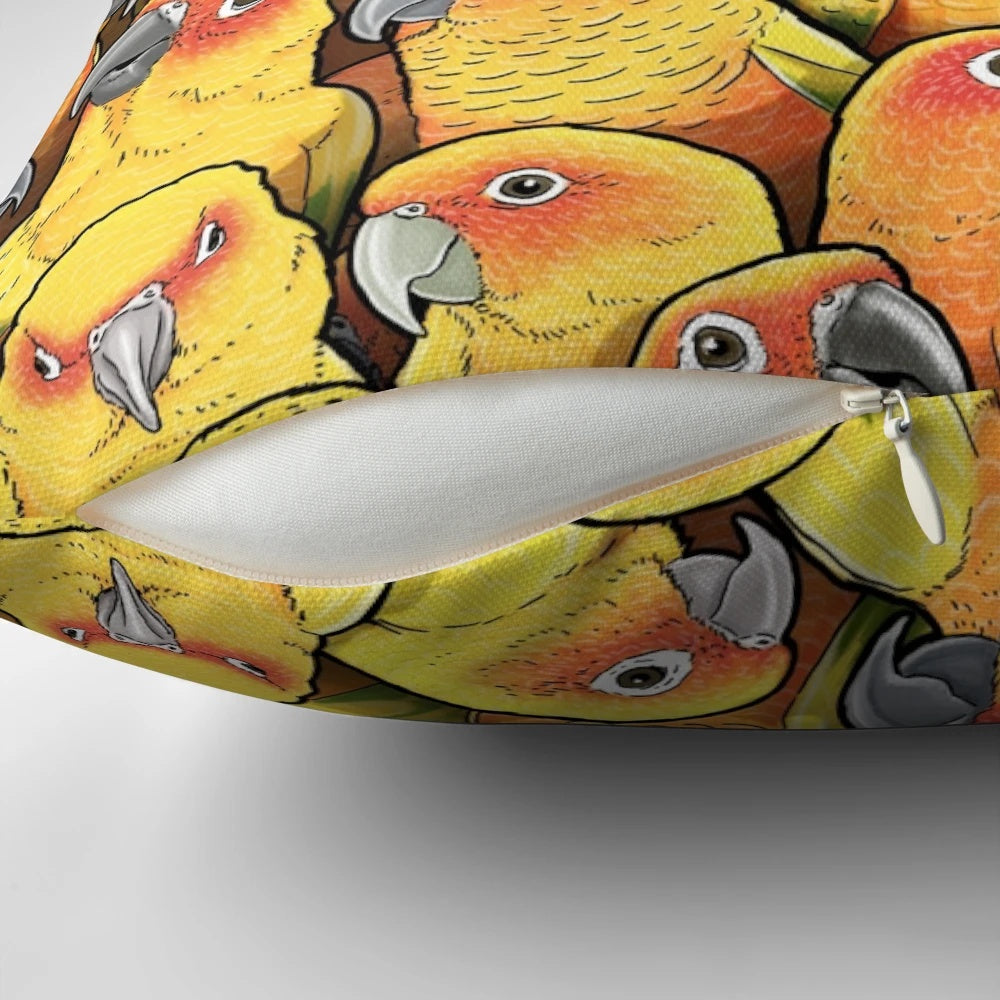 Soft, plush pillow featuring a vibrant sun conure parrot design