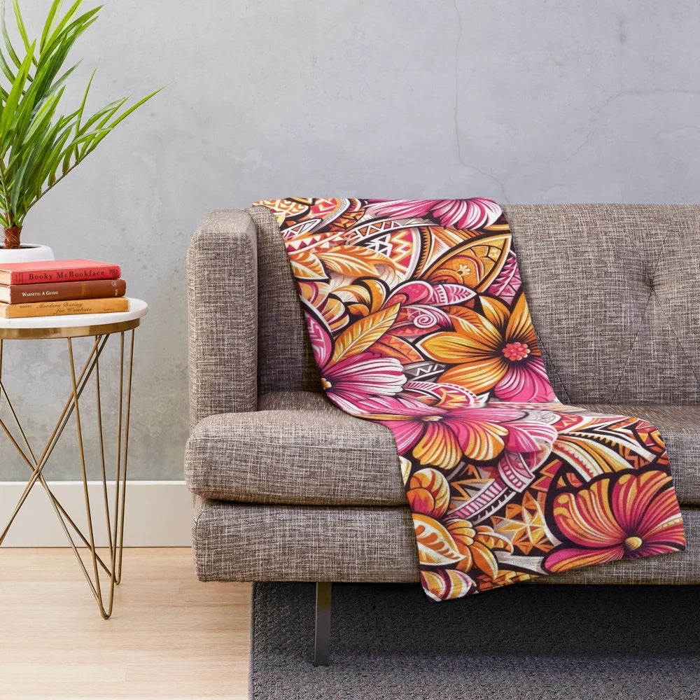 Tropical plush blanket with vibrant floral and polynesian art patterns