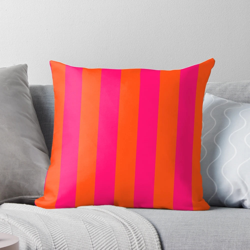 Bright neon pink and orange vertical stripes decorative pillow