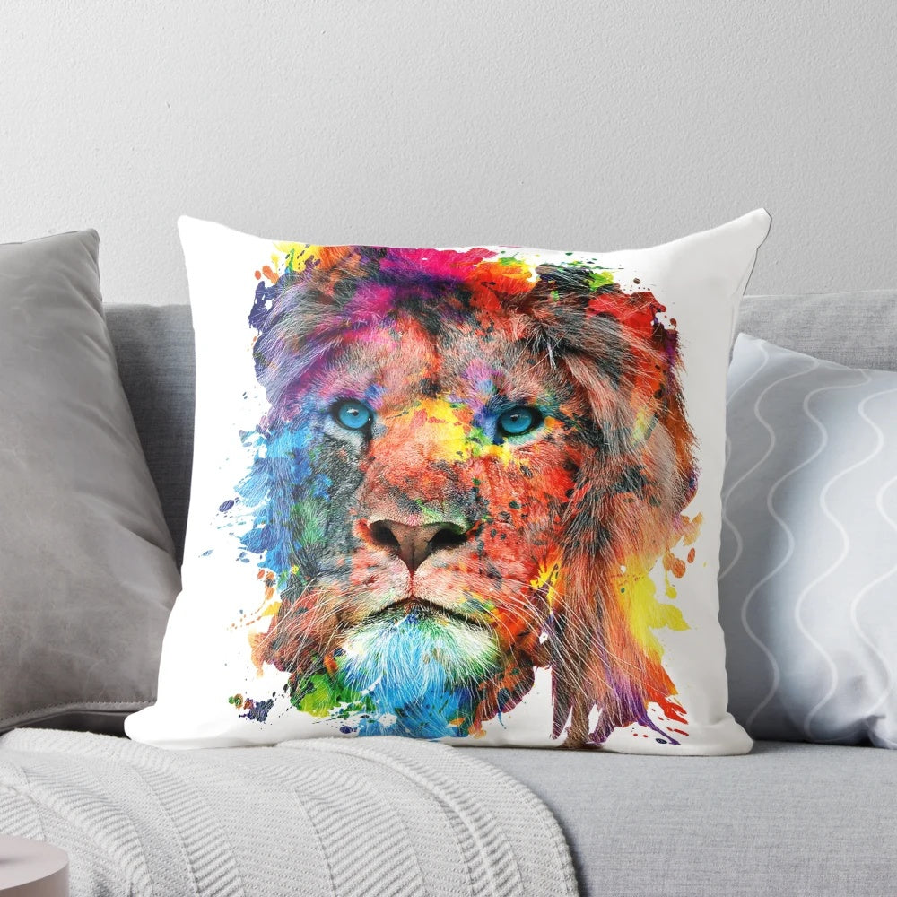 Colorful watercolor painting of a majestic lion on a plush throw pillow