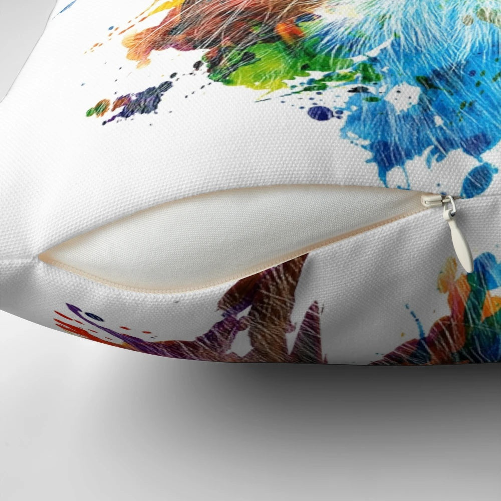 Colorful watercolor painting of a majestic lion on a plush throw pillow