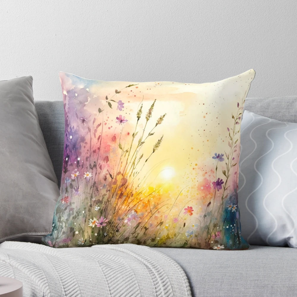 Vibrant watercolor painting of a wildflower field printed on a soft, cozy throw pillow.