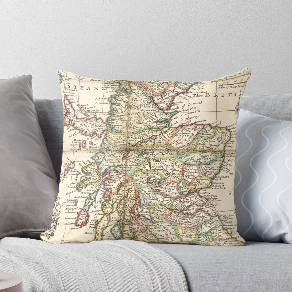 Vintage 1718 map of Scotland printed on a decorative throw pillow, highlighting the historical geography and cartography of the country.