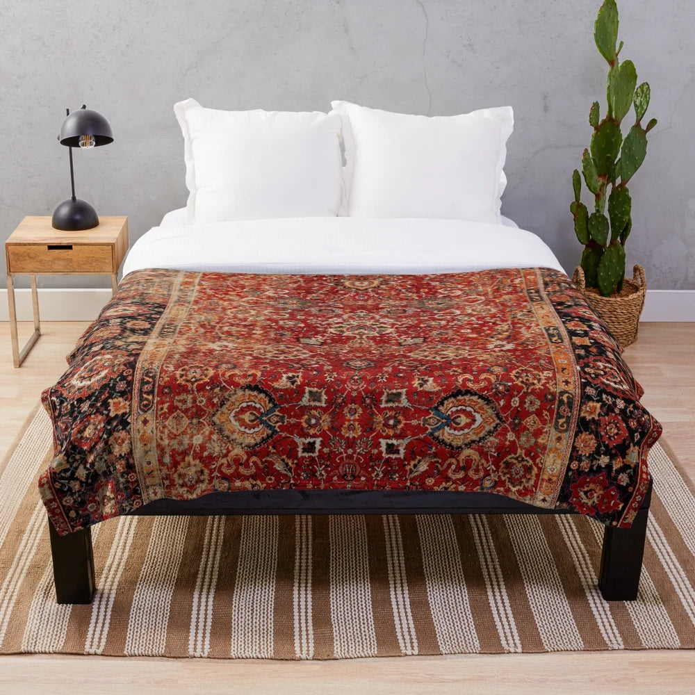 Vintage 17th Century Afghanistan Inspired Plush Blanket with Persian Rug Print