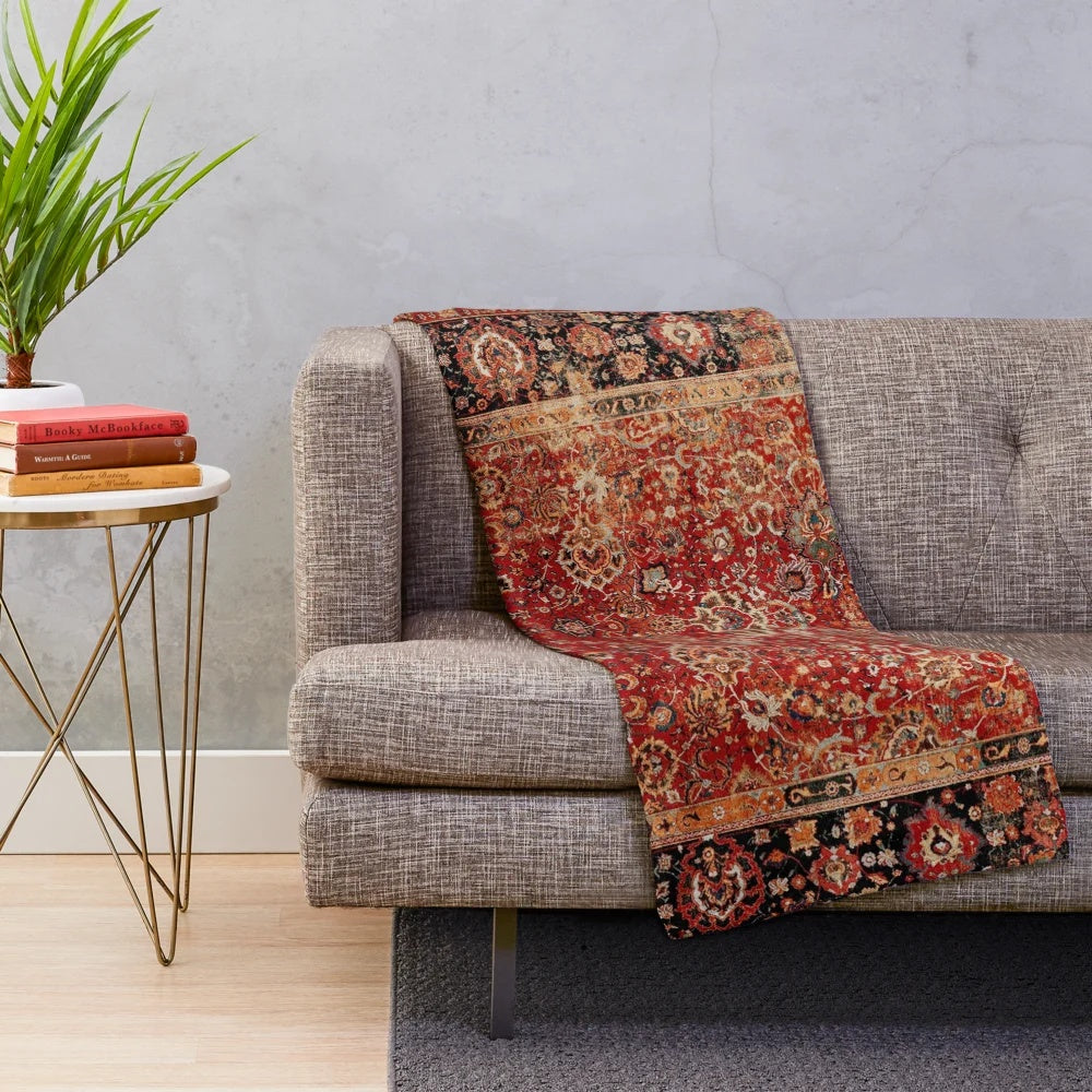 Vintage 17th Century Afghanistan Inspired Plush Blanket with Persian Rug Print