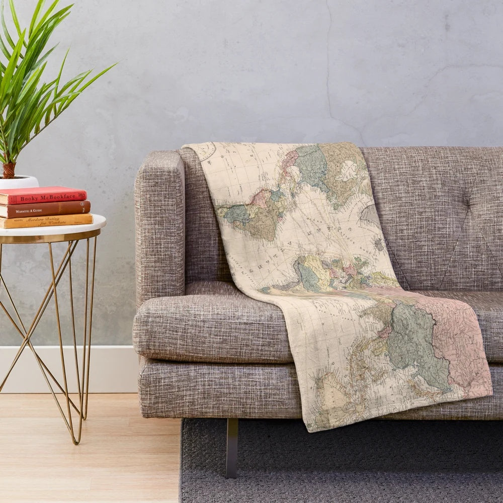 Vintage 1852 world map printed on a cozy plush blanket