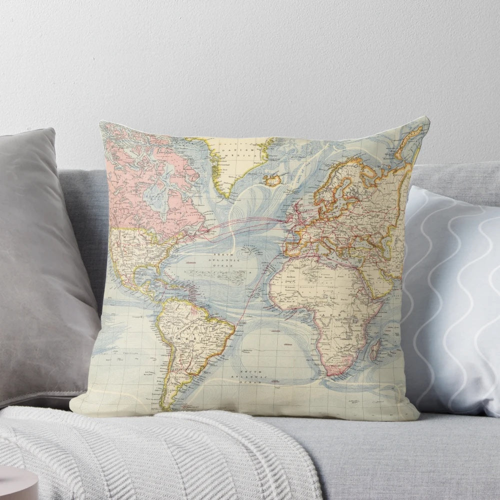 Vintage 1883 world map printed on a soft, comfortable throw pillow