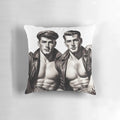Vintage 1940s Tom of Finland graphic design featuring two leather-clad gay bikers, used as a design for a decorative throw pillow.