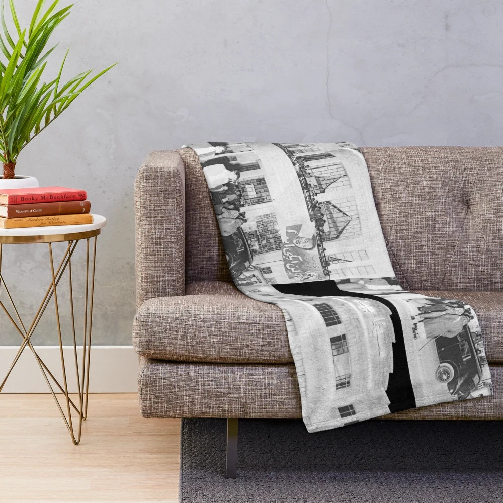 Vintage black and white plush blanket featuring Bethlehem cinema from 1957