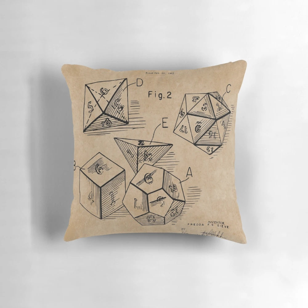 Vintage 1963 patent prints design RPG dice set pillow for tabletop gaming enthusiasts