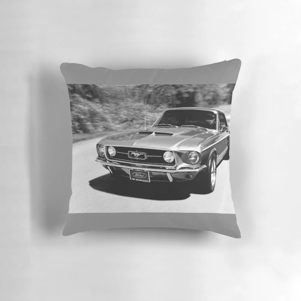 Black and white image of a 1967 Ford Mustang, a classic American sports car