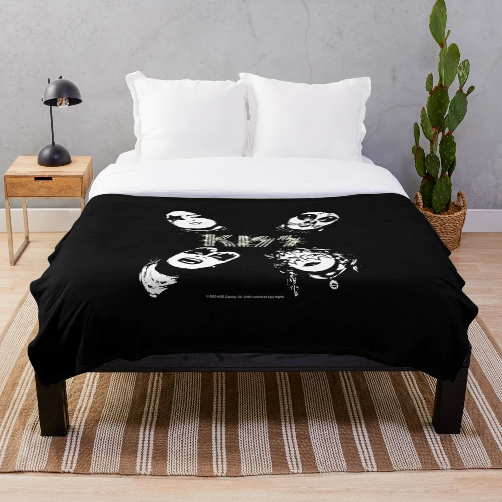Vintage 1974 KISS plush blanket featuring the classic KISS band logo and imagery