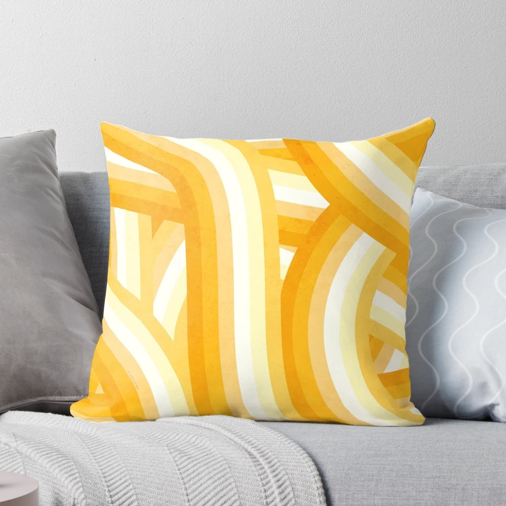 Vibrant 1970s-inspired rainbow striped throw pillow with a retro, vintage aesthetic.