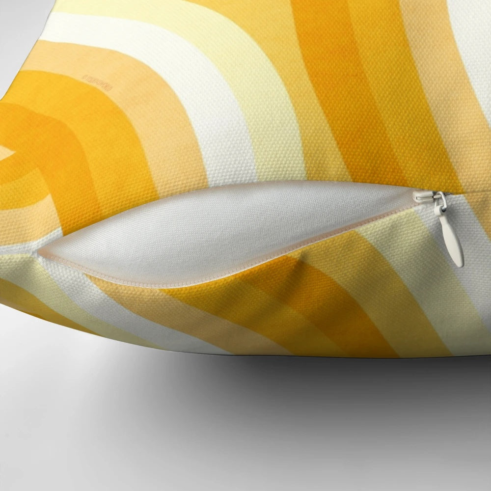 Vibrant 1970s-inspired rainbow striped throw pillow with a retro, vintage aesthetic.