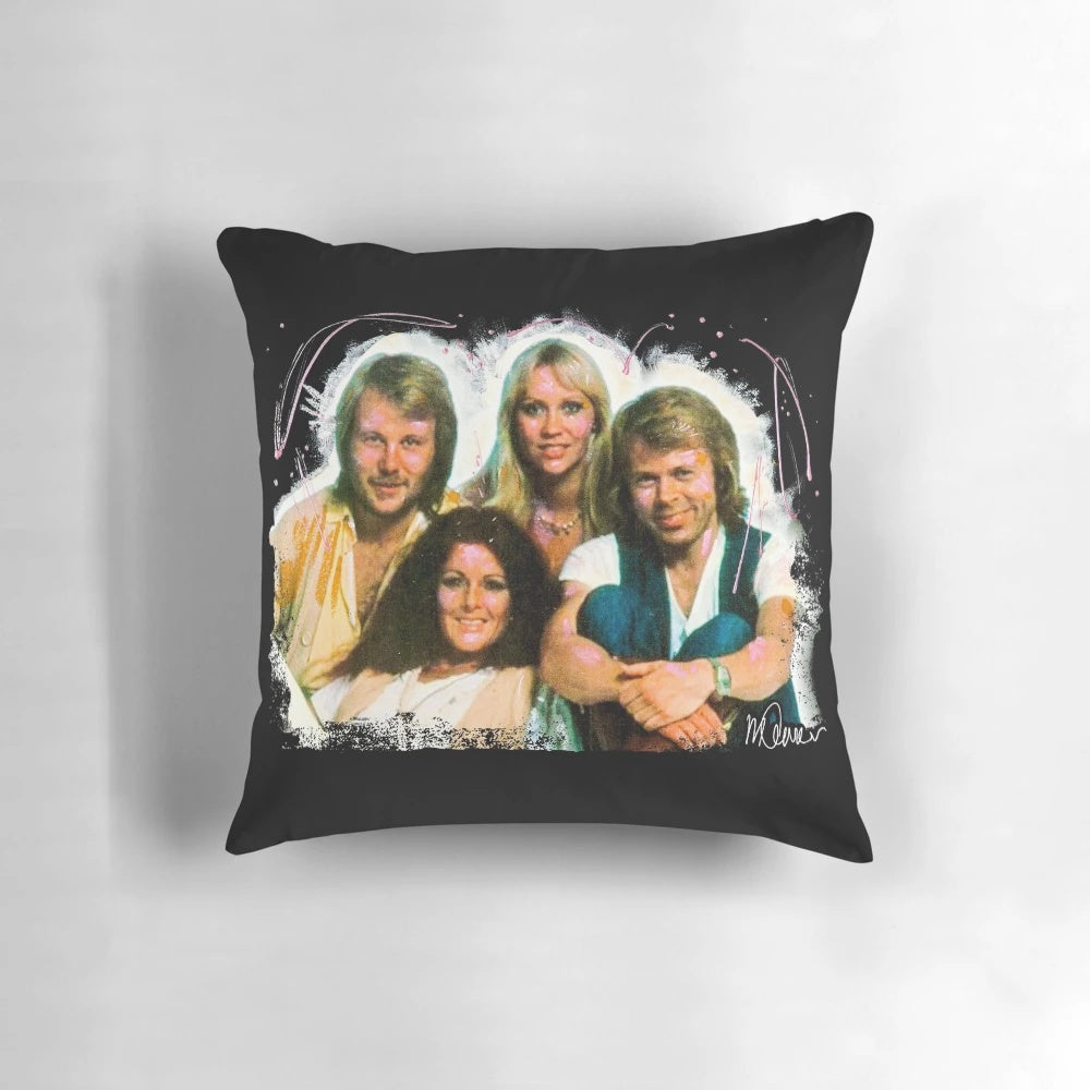 Vintage ABBA portrait pillow featuring Agnetha Fältskog, Björn Ulvaeus, Benny Andersson, and Anni-Frid Lyngstad from the iconic 70s Swedish pop band.