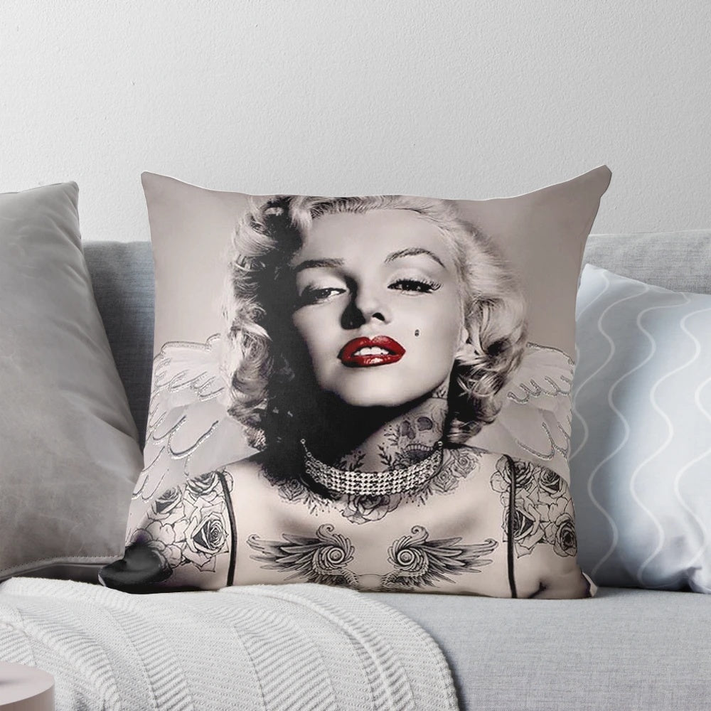 Vintage abstract pillow with Marilyn Monroe inspired tattoo design featuring feathered wings