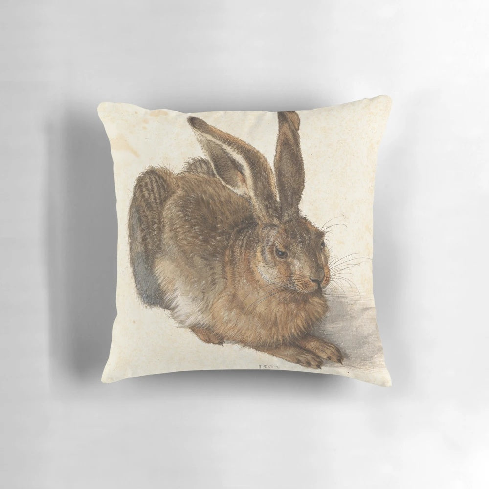 Albrecht Durer Hare Pillow featuring a renaissance era woodcut illustration of a hare