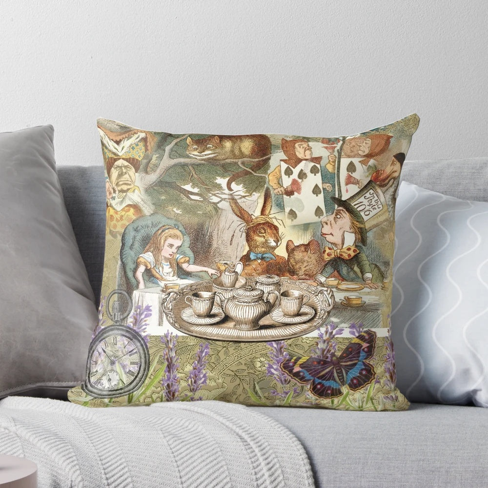 Vintage Alice in Wonderland themed tea party pillow featuring the Mad Hatter, a nod to the classic Lewis Carroll tale.