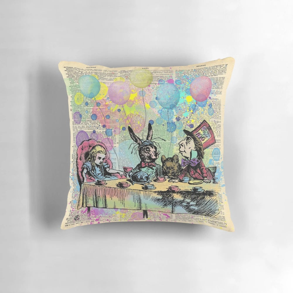 Vintage-inspired Alice in Wonderland-themed throw pillow featuring a tea party scene and inspirational quotes