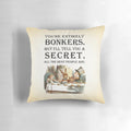 Alice in Wonderland-themed throw pillow with a vintage-inspired quote about being "entirely bonkers