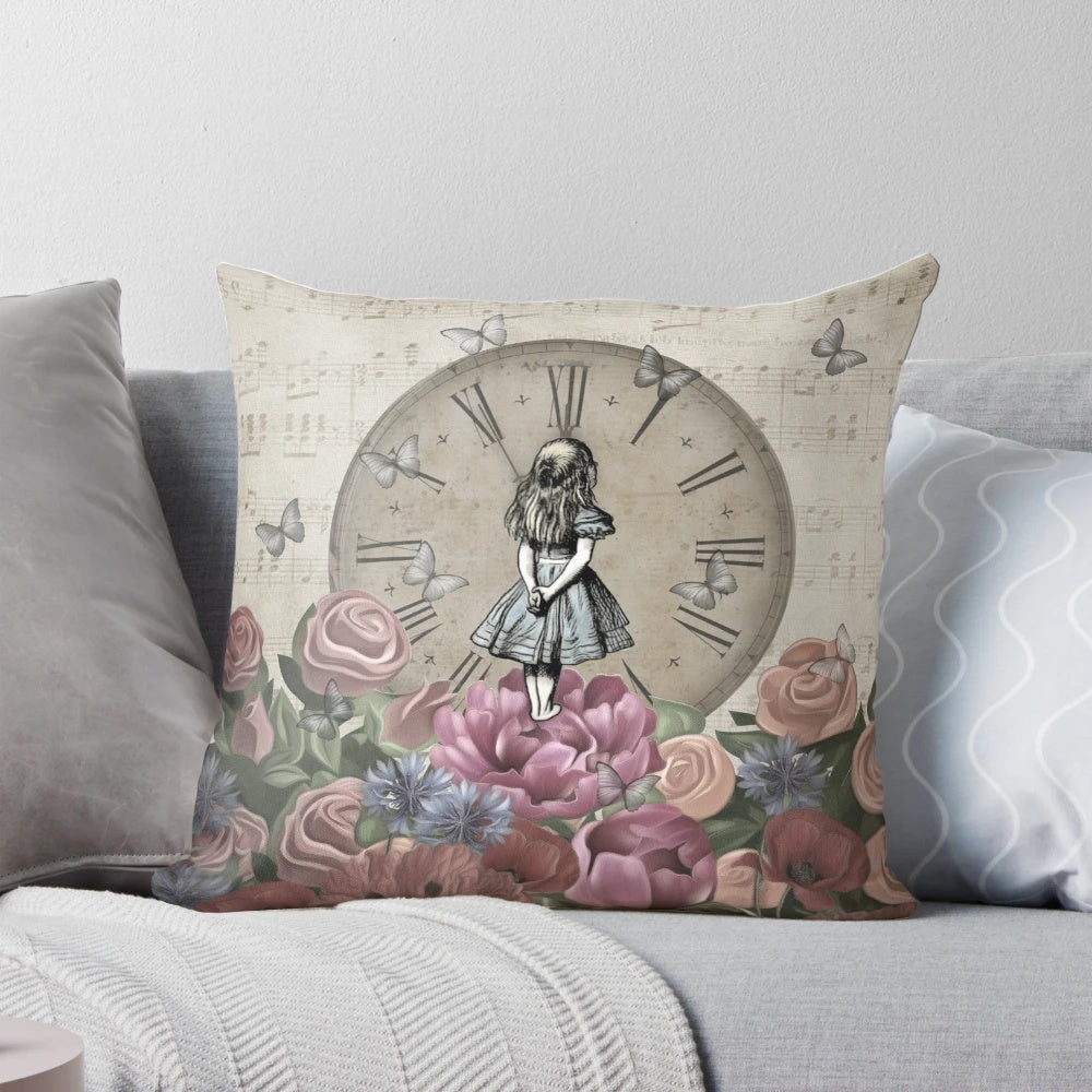 Vintage-style Alice in Wonderland "Wonderland Garden" decorative throw pillow