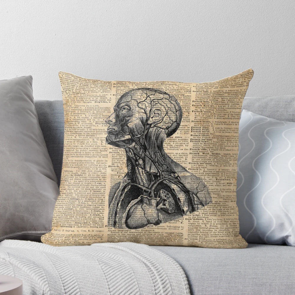 Vintage medical anatomy illustration printed on a comfortable throw pillow, featuring the brain, muscles, heart, lungs, and skeleton.