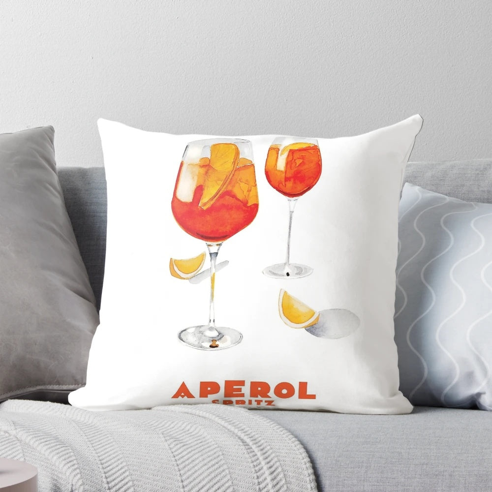 Vintage-inspired Aperol Spritz cocktail poster printed on a soft, plush pillow